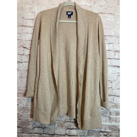 Land's End Sweater Womens Medium Beige Open Front Long Line Cardigan Neutral - Picture 1 of 13